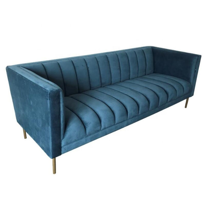 Mavi Kadife Tufted 3'lü Koltuk 221x76x78cm Salon Kanepe 2
