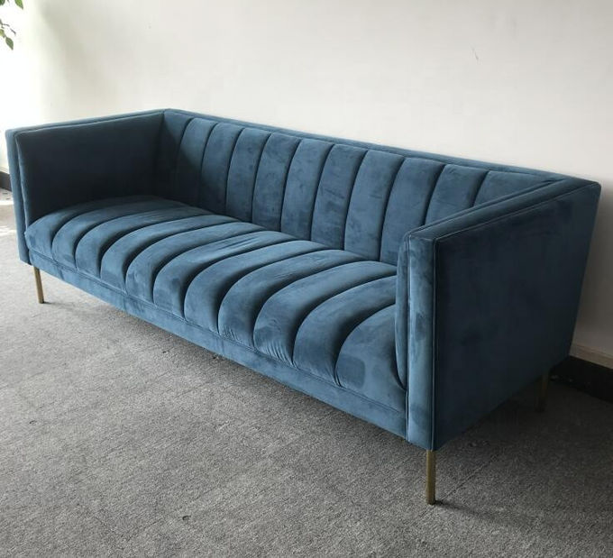 Mavi Kadife Tufted 3'lü Koltuk 221x76x78cm Salon Kanepe 1